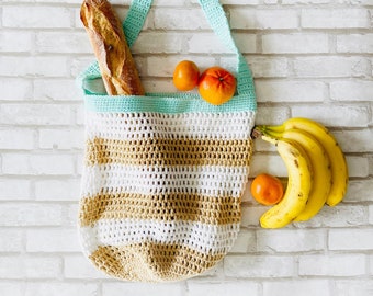 crocheted shopping bag with block stripes