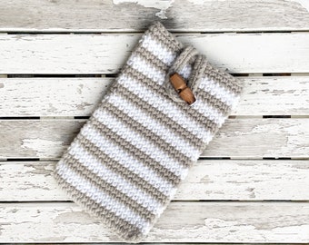 crocheté téléphone portable poche sable blanc rayé