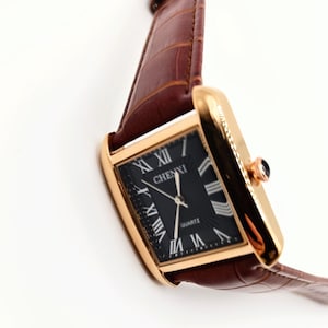 Retro style watch, unisex, rectangular watch, rose gold plated, black dial, Roman numerals, high-quality dial, personalization