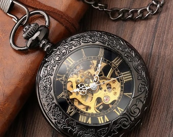 Hand-wound pocket watch in vintage style, black and gold-colored, monogram possible