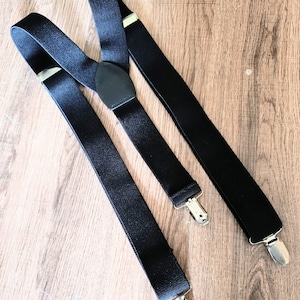 Suspenders, wide braces, adjustable length, 3.5 cm wide elastic band, leather center piece, sturdy clips