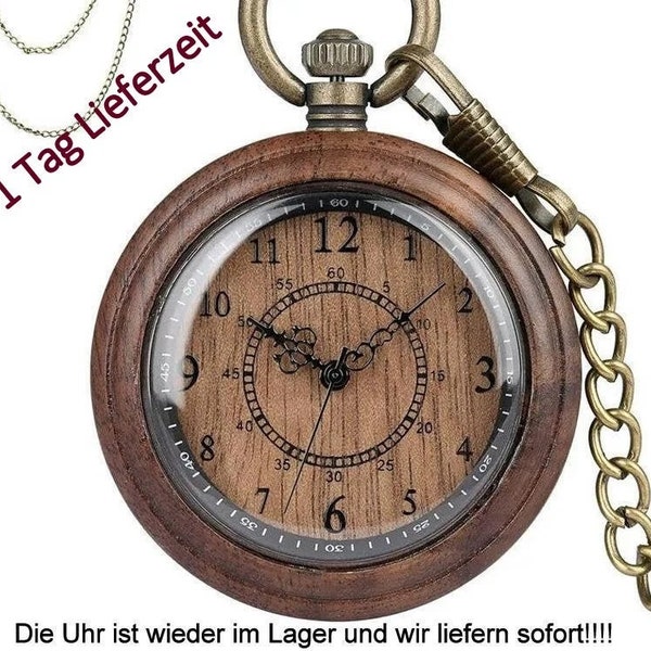 Wooden pocket watch in dark brown, retro style with brass watch chain and engraving on request,christmasgift