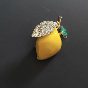 Vintage brooch, lemon, enamelled with rhinestones and glass stone