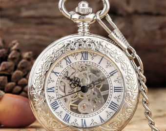 Reloj de bolsillo de cuerda manual en estilo vintage, color plateado, con posibilidad de monograma