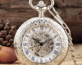 Orologio da tasca a carica manuale in stile vintage, color argento, possibile con monogramma