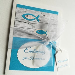 PERSONALIZED invitation confirmation communion turquoise or in other colors wooden character fish pendant (K237-2)