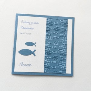 Personalisierte Einladung Karte HANDARBEIT Kommunion Konfirmation Taufe Firmung *Fische* in vielen Grundfarben möglich K332