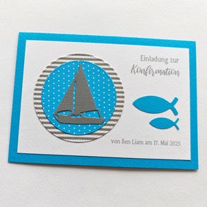 Einladungskarte Konfirmation Kommunion Taufe PERSONALISIERT Fische + Schiff oder Anker (K245)