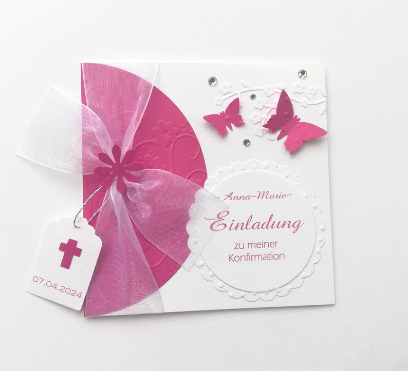 PERSONALISIERTE Einladung Taufe Kommunion Konfirmation Firmung weiß-pink oder in vielen Farben 115 Bild 1