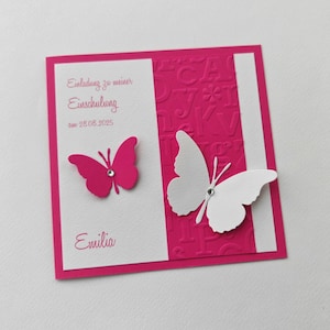 PERSONALISIERTE Einladung Handarbeit zur Einschulung 1. Schultag  *Schmetterlinge* pink oder vielen and. Farben möglich Glitzersteine(E20)
