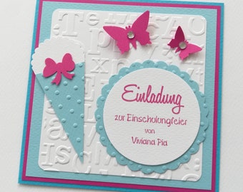 PERSONALISIERTE Einladung zur Einschulung 1. Schultag Einschulungsfeier Schultüte Schmetterlinge Glitzersteine türkis-pink-hellblau-weiß