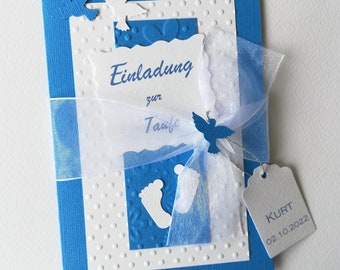 Personalisierte Einladungskarte Einladung Taufe viele Farben möglich Tauben/Babyfüße HANDARBEIT T12