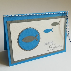 Personalisierte Einladung Danksagung Kommunion Konfirmation Firmung mittelblau Leinenoptik-grau/blau oder vielen Farben "Fische" (K340)