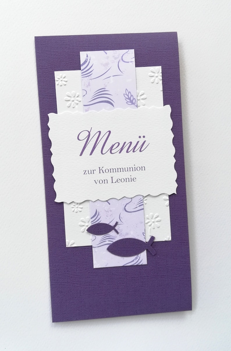 Einladungskarte zur Konfirmation Kommunion Firmung PERSONALISIERT mit TAUBEN oder Fischen LILA K40 Bild 2