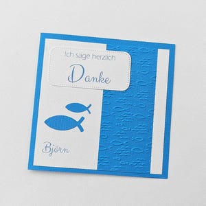 Personalisierte Danksagung HANDARBEIT Kommunion Konfirmation Taufe  *Fische* mittelblau und in vielen anderen Farben möglich (D332MIBL)
