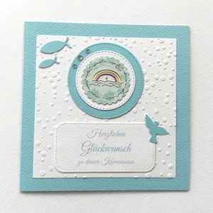 Glückwunschkarte HANDARBEIT zur Kommunion/Konfirmation/Firmung/Taufe *Regenbogen* Taube und Fische in hellblau inkl. Umschlag (G19)