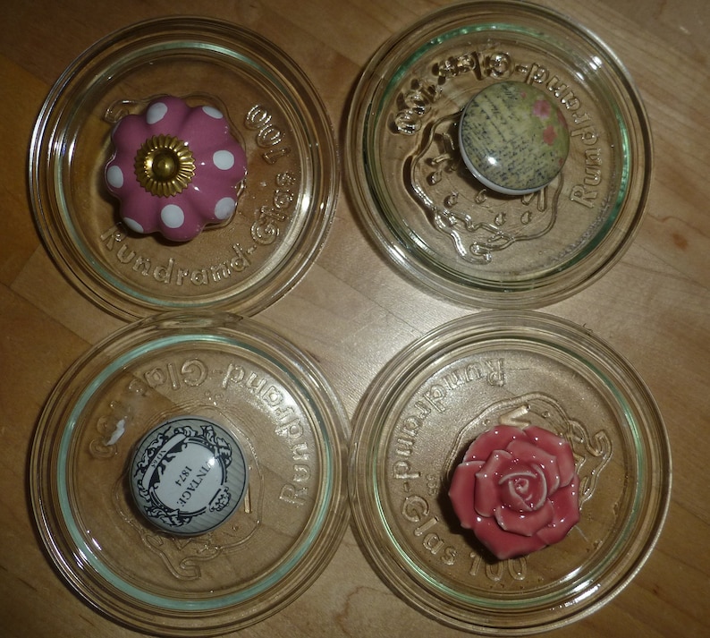 4 x Weck glass lids with porcelain canopy of which 1 x rose 2 x flower dots 1 x 1 x nostalgic 1 x font green rose size 100 image 1
