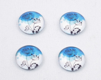 14 mm Cabochons 2 Stück rund Motivcabochon Pusteblumen Blau-Weiß zum Einkleben in Fassungen für DIY Schmuck