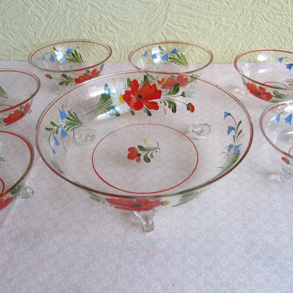 DDR Vintage shabbe Glasschüssel & Dessert Kompott Schälchen Obstschale Fußschale handbemalt