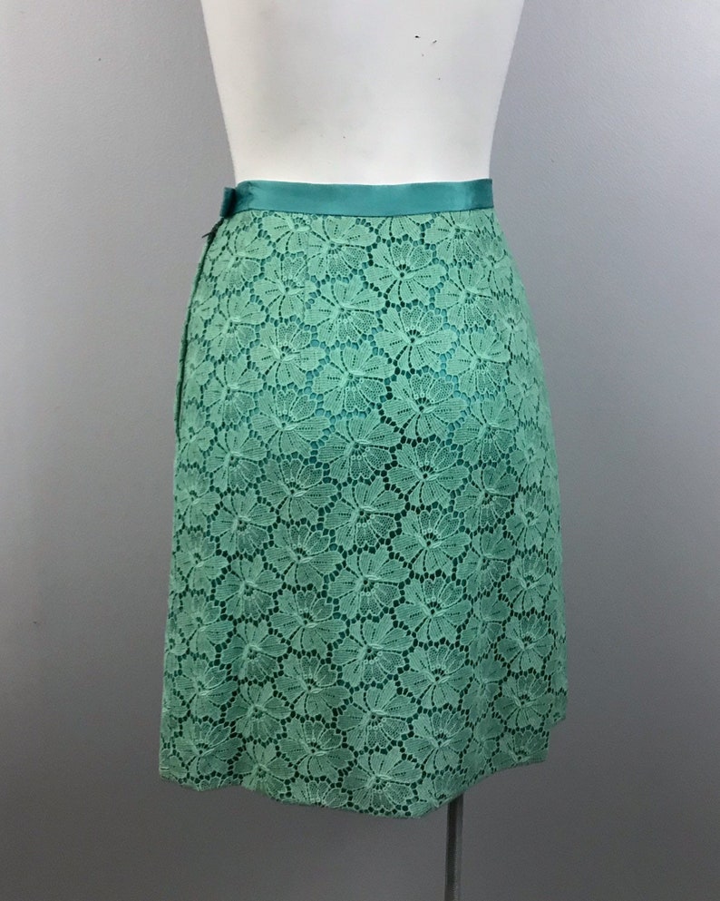 1960s Mini Skirt 60s Blue Green Floral Lace Style Embroidered Short Skirt Women\u2019s Small