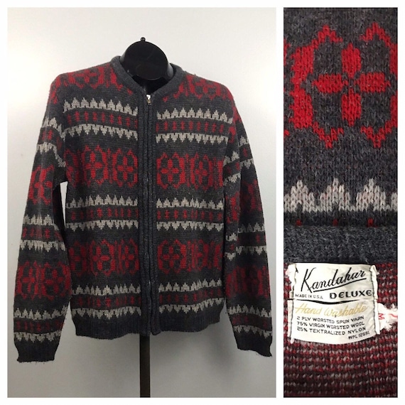 1960s Zip Up Sweater / 60s Red Gray Wool Cardigan