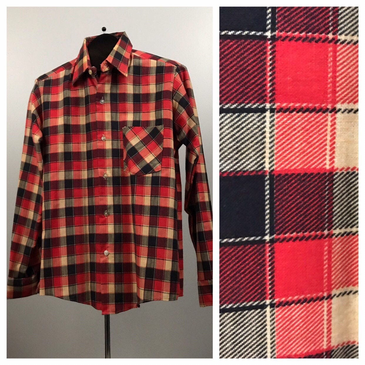 1960s Button Down Shirt / 60s Plaid 