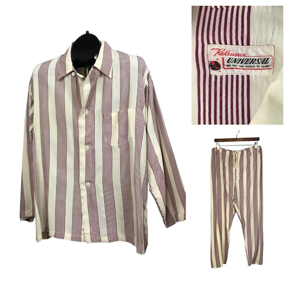 1950s Mens Pajamas Set / Rayon Stripe Loungewear P
