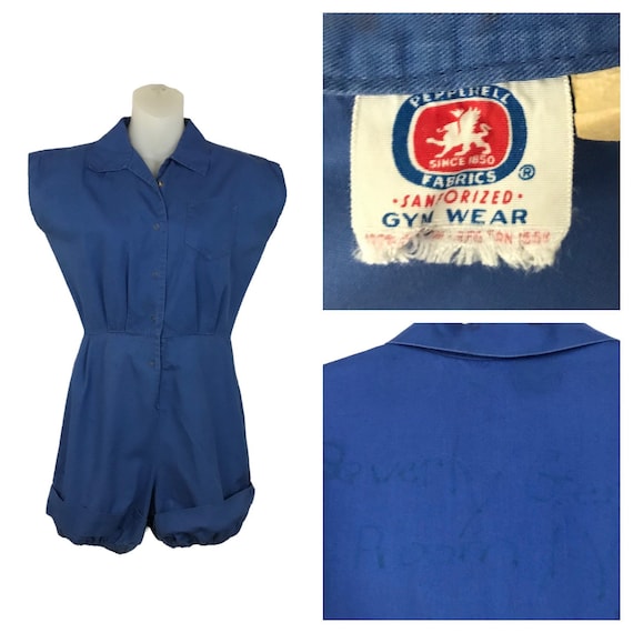 1950s Romper / 50s Blue Cotton Sleeveless Button U
