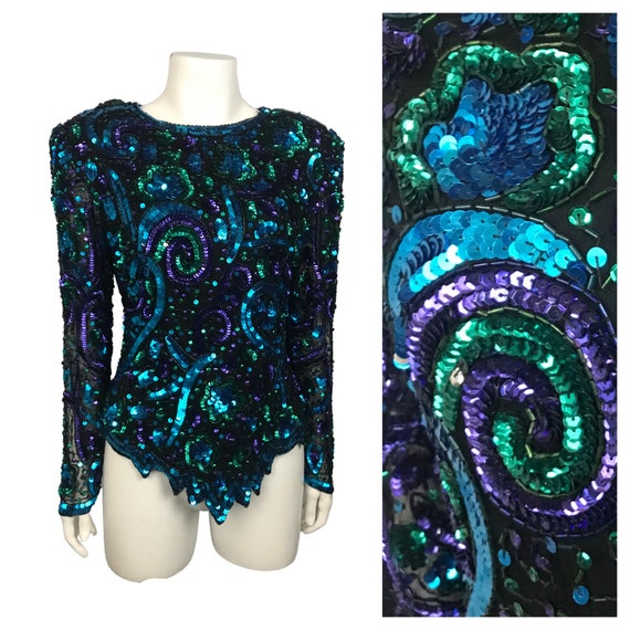 1990s Silk Beaded Sequin Blouse Top / Blue Sequin