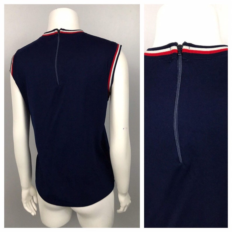 1960s Stripe Blouse Top Navy Blue Mod Sleeveless Blouse Shirt Women/'s Medium