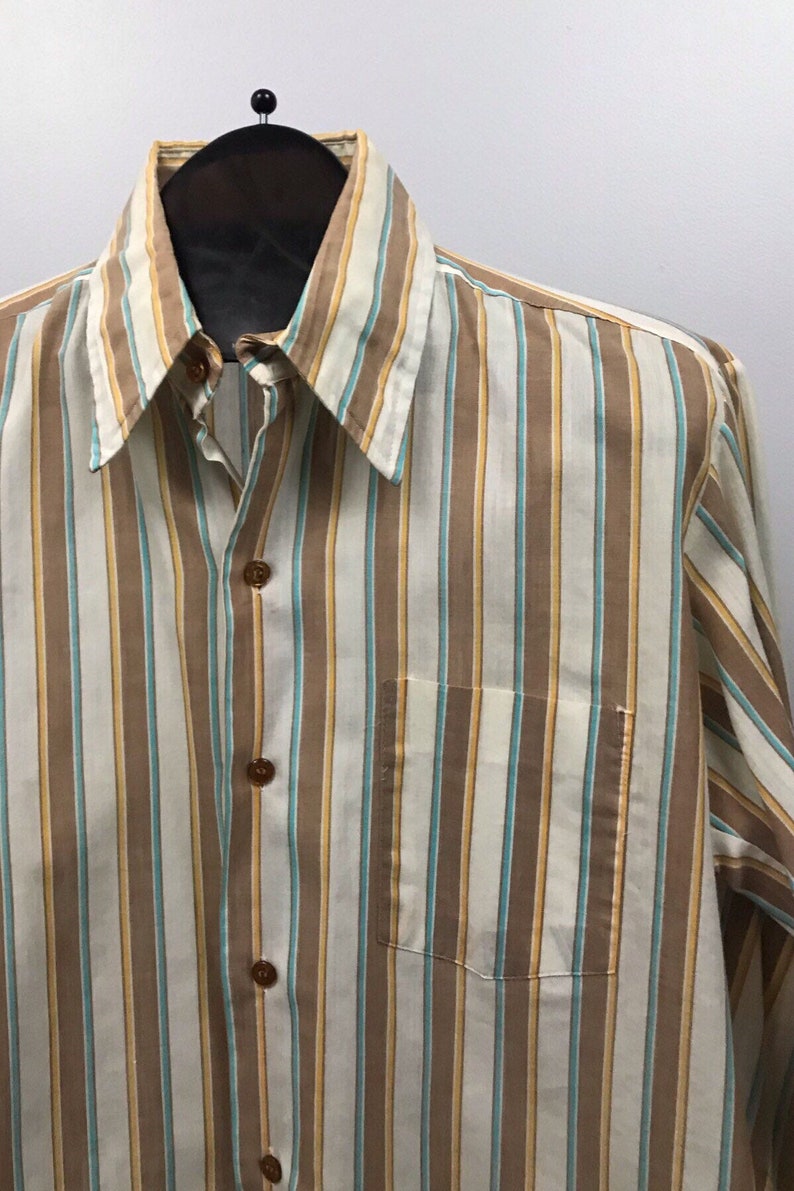 1970s Striped Button Down Shirt 70s Retro Cotton Blend Shirt Long Sleeve Men/'s ML