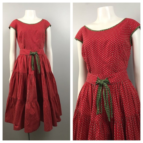 1940s Patio Dress Set / Red Cotton Dress Circle Sk