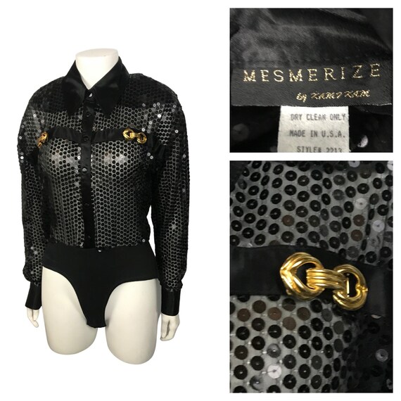 1980s Sequin Blouse Leotard / Sheer Black See Thro