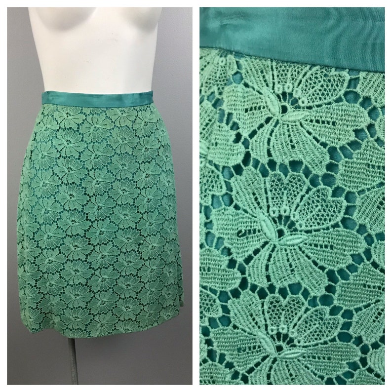 1960s Mini Skirt 60s Blue Green Floral Lace Style Embroidered Short Skirt Women\u2019s Small