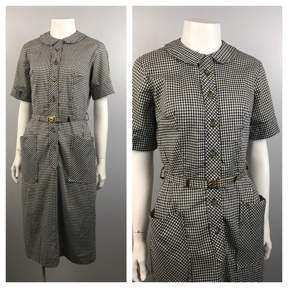 1950s Dress / Black and White Gingham Cotton Belte