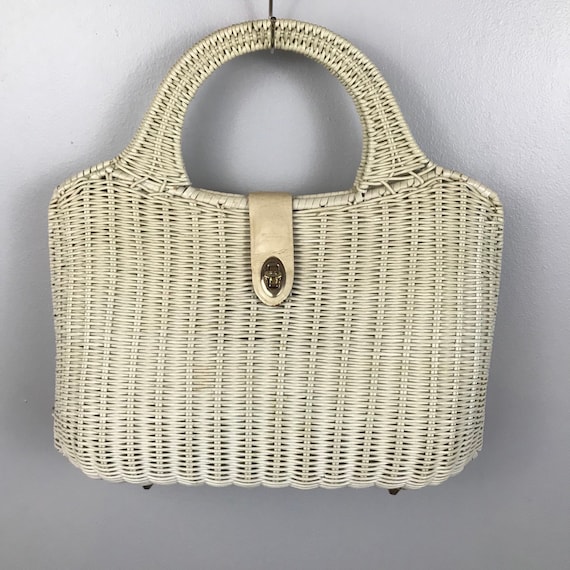 1960s Large White Wicker Handbag / 60s Woven Overs