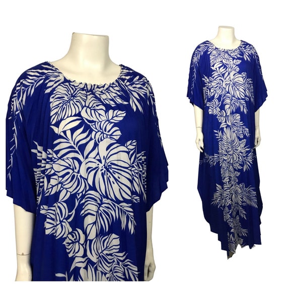 1980s Hawaiian Fan Dress / Blue Floral Print Pleat