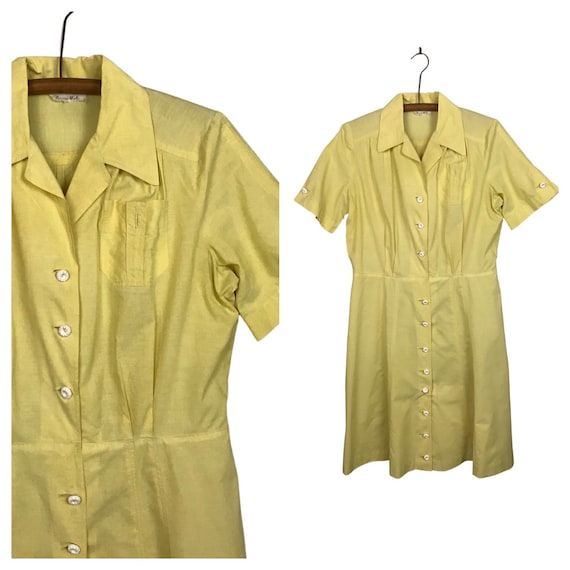 1950s Dress / Yellow Button Up Short Sleeve House