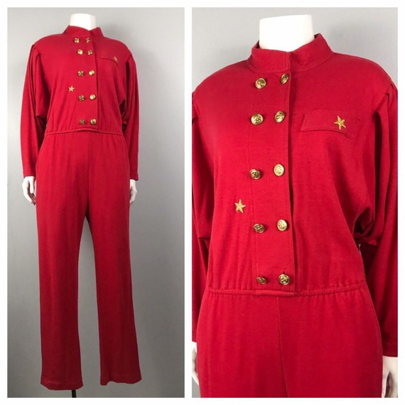 1980s Jumpsuit / Red One Piece Suit Dolman Sleeves