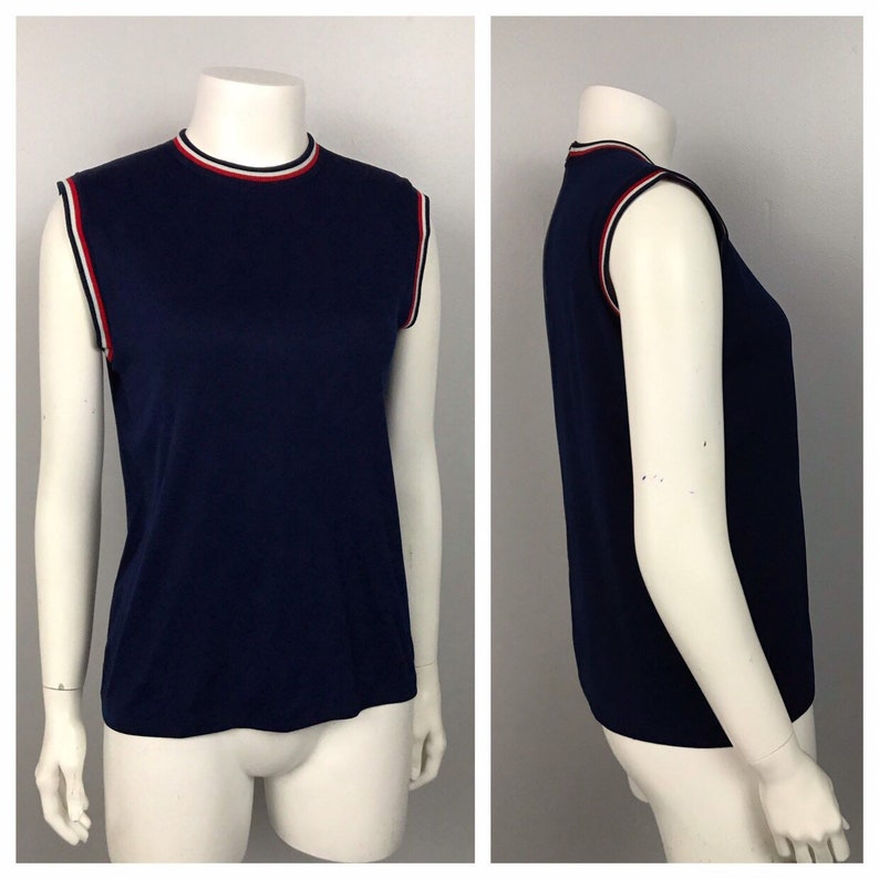 1960s Stripe Blouse Top Navy Blue Mod Sleeveless Blouse Shirt Women/'s Medium