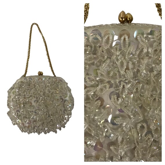 1960s Mini Beaded Purse / 60s White Clear Beaded S