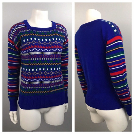 1980s Sweater / 80s Geometric Stripe Retro Sweater