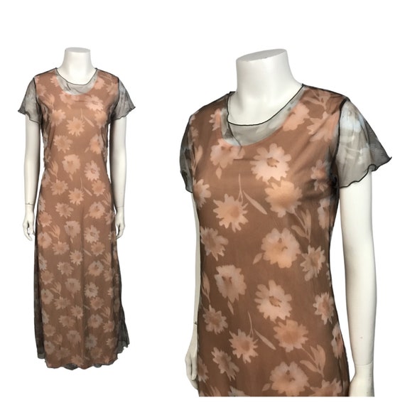 1990s Maxi Dress / 90s Floral Sheer Long Dress Fl