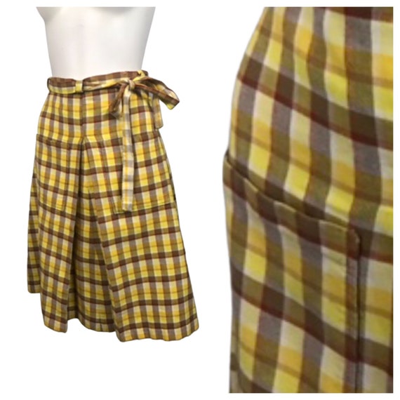 1970s Plaid Wrap Skirt / Yellow Cotton A Line Tie
