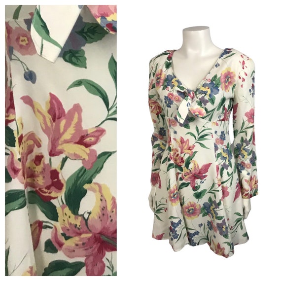 90s Floral Mini Dress White Rayon Vintage Small