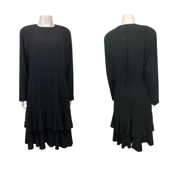 1990s Black Tiered Dress / Long Sleeve Black Dress wi… - Gem