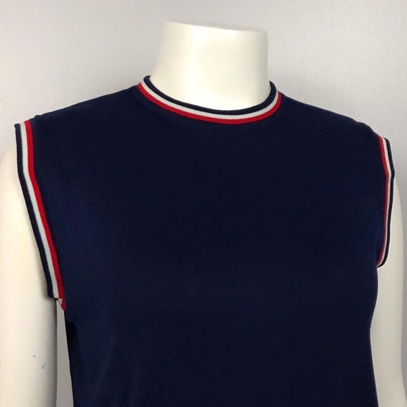 1960s Stripe Blouse Top Navy Blue Mod Sleeveless Blouse Shirt Women/'s Medium