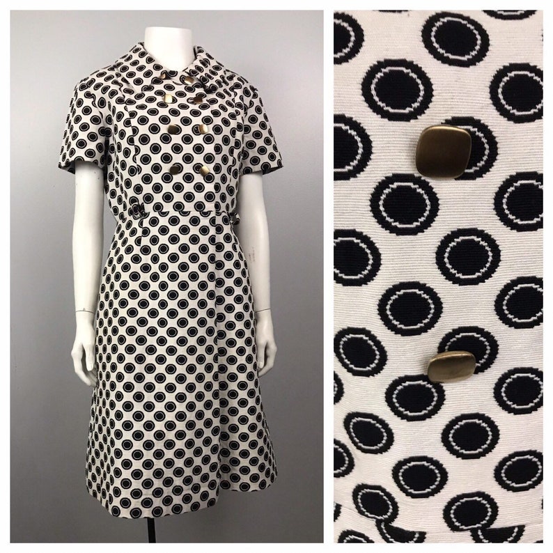1960s Black and White Polka Dot Double Breasted Style Dress Short Sleeve Women/'s Medium 60s Mod GoGo Designer Mini Dress