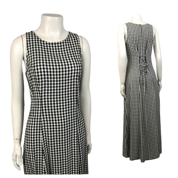 1990s Sleeveless Maxi Dress / Black and White Ging