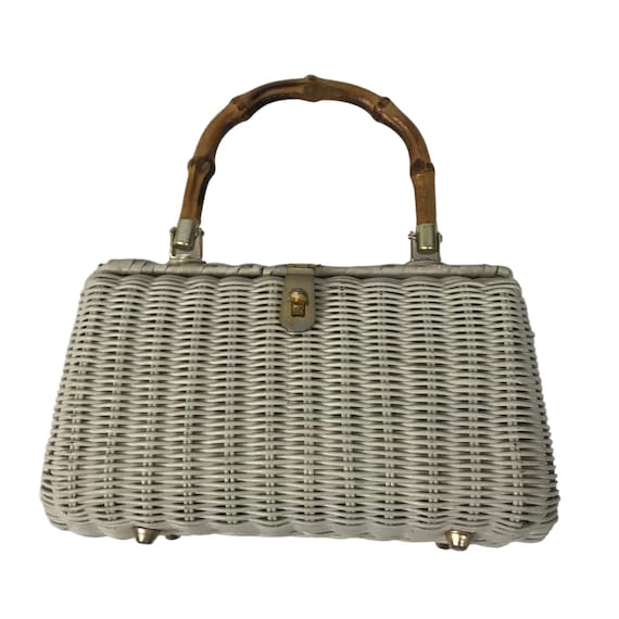 1960s White Wicker Purse / 60s Woven Handbag With